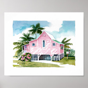 Póster Pink Coastal Beach Cottage Watercolor Tropical
