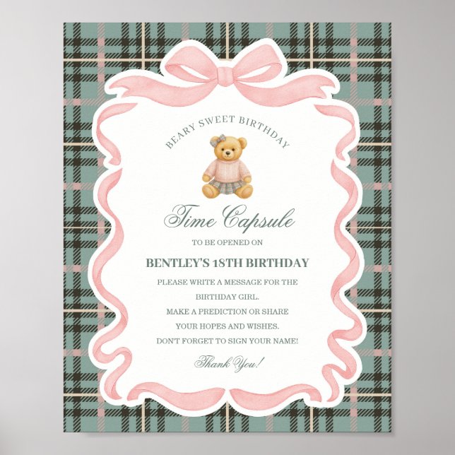 Póster Pink Coquette Bow Bear Birthday Time Capsule (Frente)