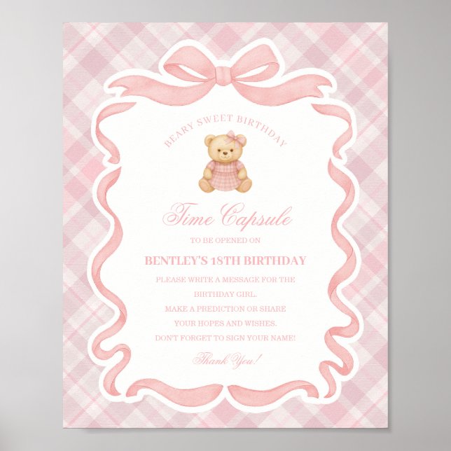 Póster Pink Coquette Bow Bear Birthday Time Capsule (Frente)
