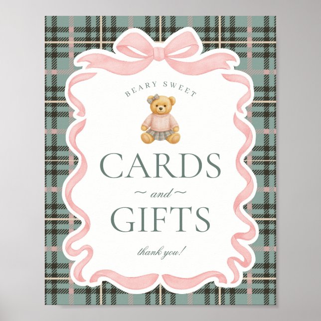 Póster Pink Coquette Bow Bear Plaid Cards & Gifts (Frente)