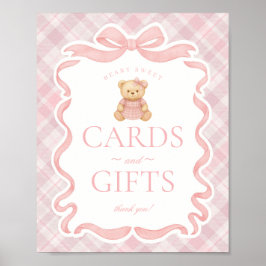 Póster Pink Coquette Bow Bear Plaid Cards & Gifts