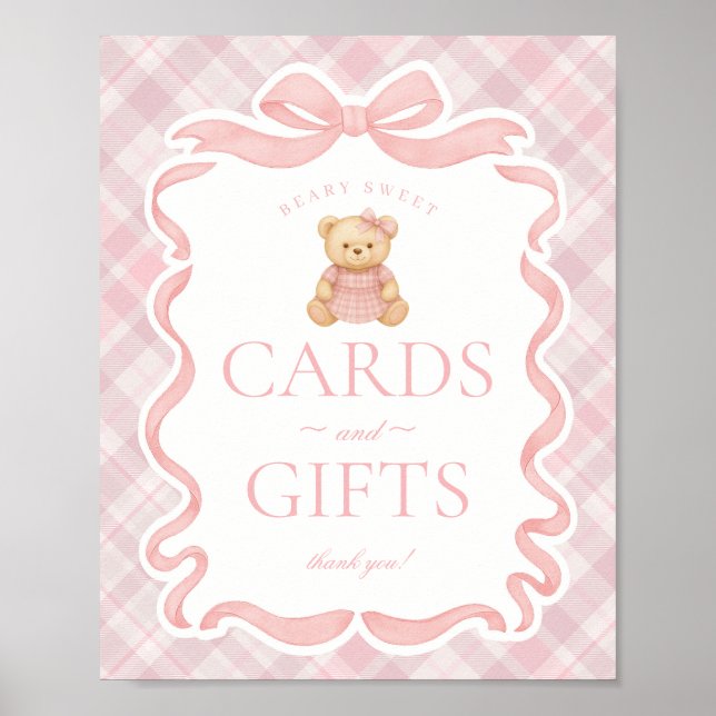 Póster Pink Coquette Bow Bear Plaid Cards & Gifts (Frente)