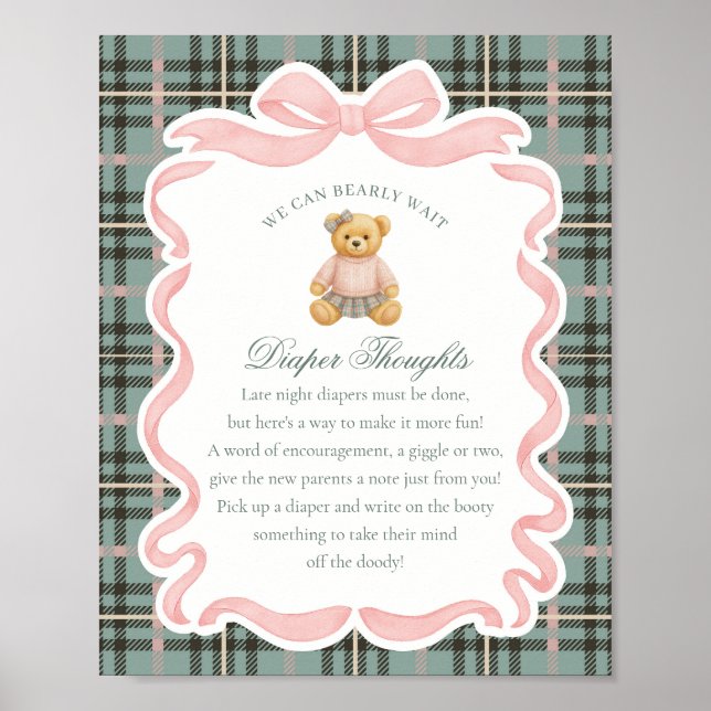 Póster Pink Coquette Bow Bear Plaid Diaper Thoughts (Frente)