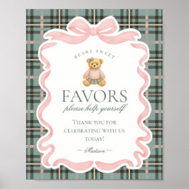 Póster Pink Coquette Bow Bear Plaid Party Favors Sign
