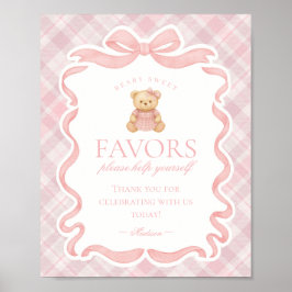 Póster Pink Coquette Bow Bear Plaid Party Favors Sign
