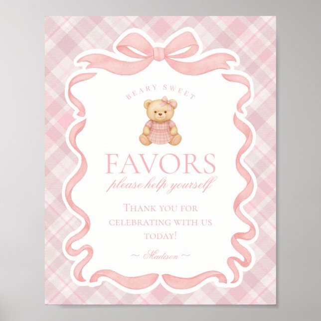 Póster Pink Coquette Bow Bear Plaid Party Favors Sign (Frente)