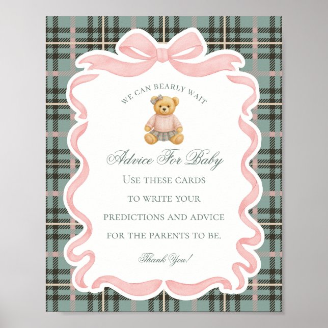 Póster Pink Coquette Bow Bear Shower Advice for Baby (Frente)