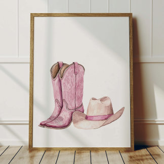 Póster Pink Cowgirl Hat Boots Poster Kids Room Decor