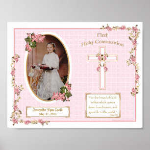 Póster Pink Cross First Holy Communion Personalized 11x14