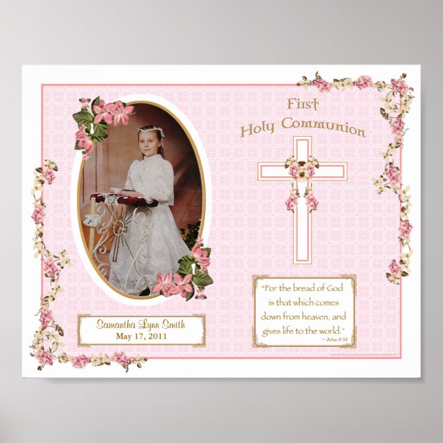 Póster Pink Cross First Holy Communion Personalized 11x14 (Frente)