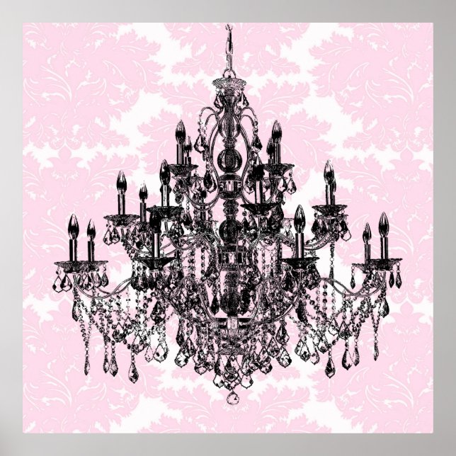 Póster Pink Damask Chandelier Art (Frente)
