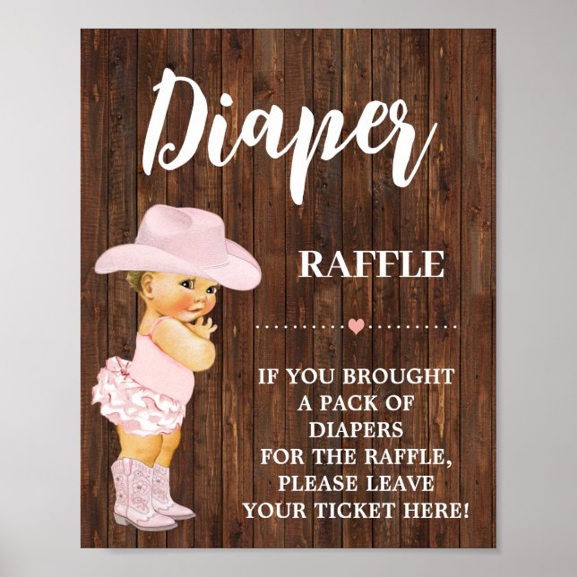 Póster Pink Diaper Raffle Cowgirl Rótulo de Baby Shower (Frente)
