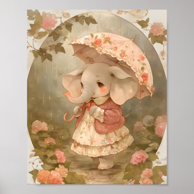 Póster Pink Elephant Floral Baby Shower Gift Poster Decor (Frente)