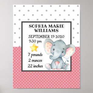 Póster Pink Elephant Girl Birthday Stats Personalized