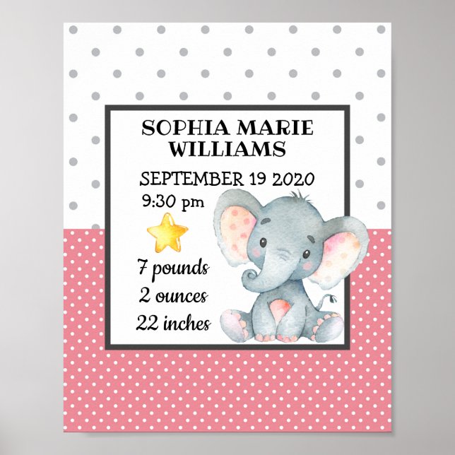 Póster Pink Elephant Girl Birthday Stats Personalized (Frente)