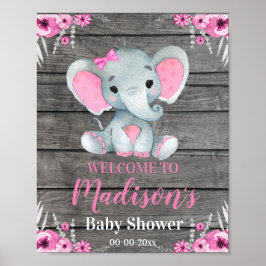 Póster Pink Elephant Welcome Sign, Girl Rustic Shower