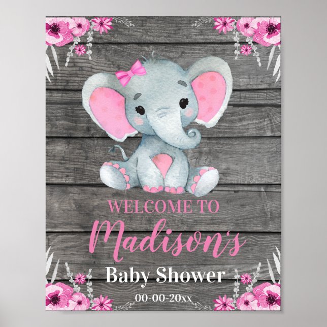 Póster Pink Elephant Welcome Sign, Girl Rustic Shower (Frente)