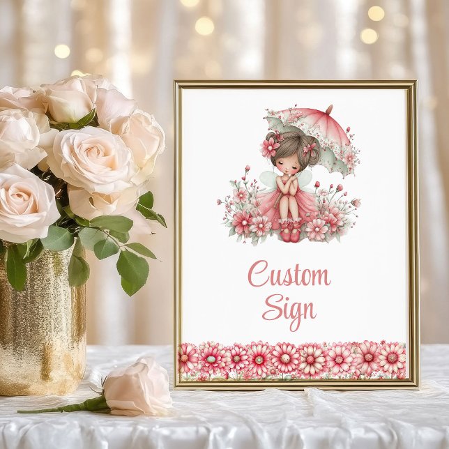 Póster Pink Fairy Girl Whimsical Floral Birthday Custom  (Pink Fairy Girl Whimsical Floral Birthday Custom Sign

)