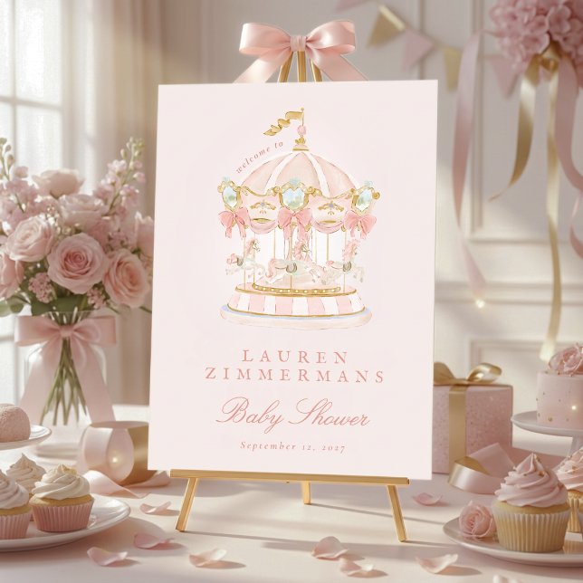 Póster pink fairytale carousel baby shower welcome sign (Subido por el creador)
