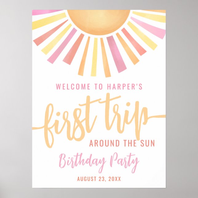Póster Pink First Trip Around The Sun 1st Birthday Sign (Frente)