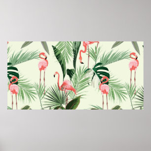 Póster Pink flamingo and exotic flowers, palm leaves. Flo