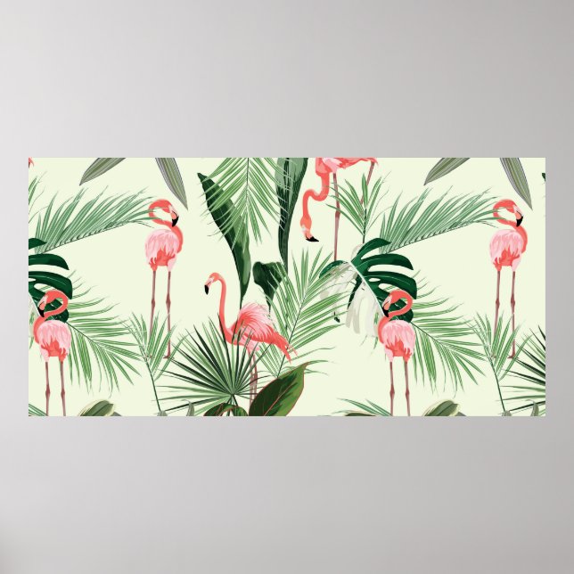 Póster Pink flamingo and exotic flowers, palm leaves. Flo (Frente)