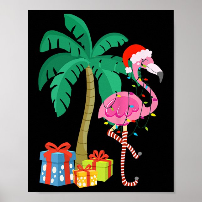 Póster Pink Flamingo Christmas Palm Tree Tropical Xmas Fu (Frente)