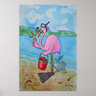 Póster Pink Flamingo Snorkle Scuba Beach Whimsical Poster