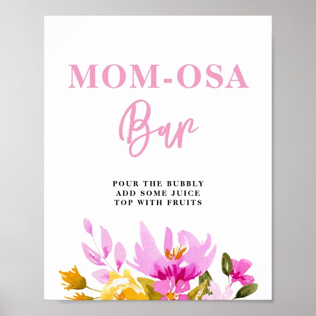 Póster Pink Floral Baby Shower Mom-osa Bar (Frente)