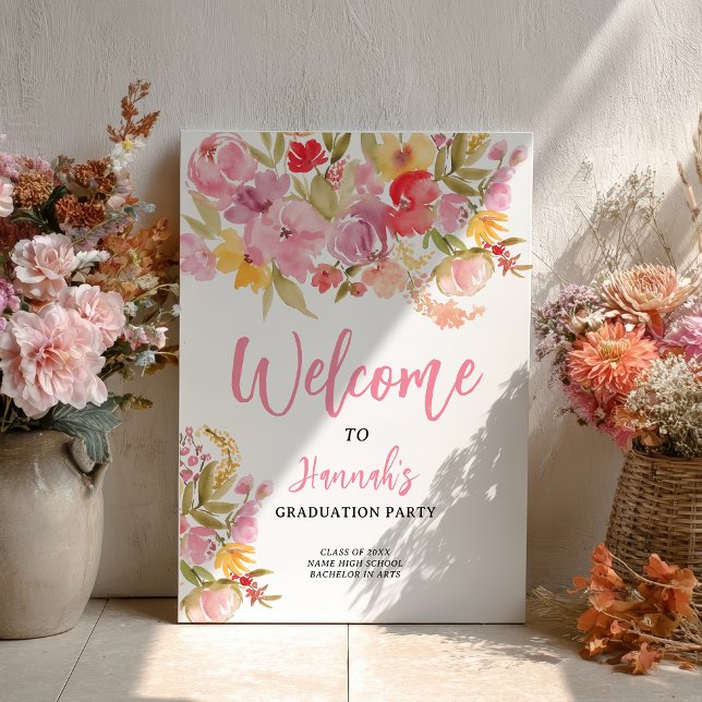 Póster Pink Floral Bold Hand-Painted Graduation Welcome (Pink Floral Bold Hand-Painted Graduation Welcome Poster)