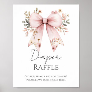 Póster Pink Floral Bow Baby Shower Diaper Raffle