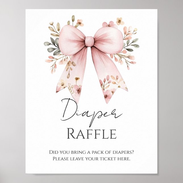 Póster Pink Floral Bow Baby Shower Diaper Raffle (Frente)