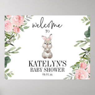 Póster Pink Floral Bunny Baby Shower Welcome Sign