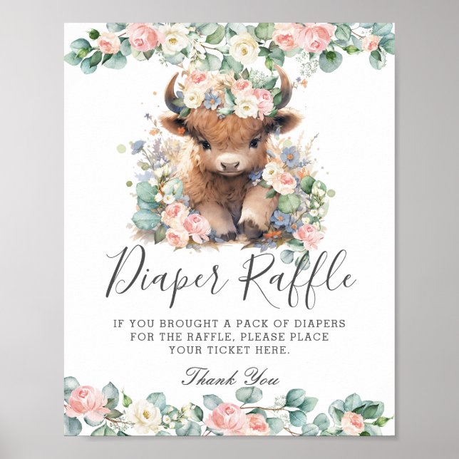 Póster Pink Floral Cute Highland Cow Baby Diaper Raffle (Frente)