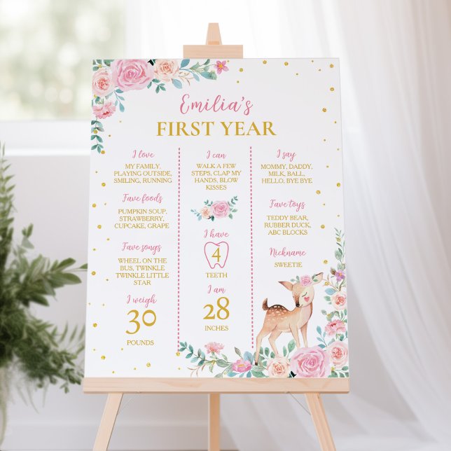 Póster Pink Floral Deer Primer Rótulo de cumpleaños (Subido por el creador)