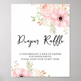 Póster Pink Floral Diaper Raffle Baby Shower