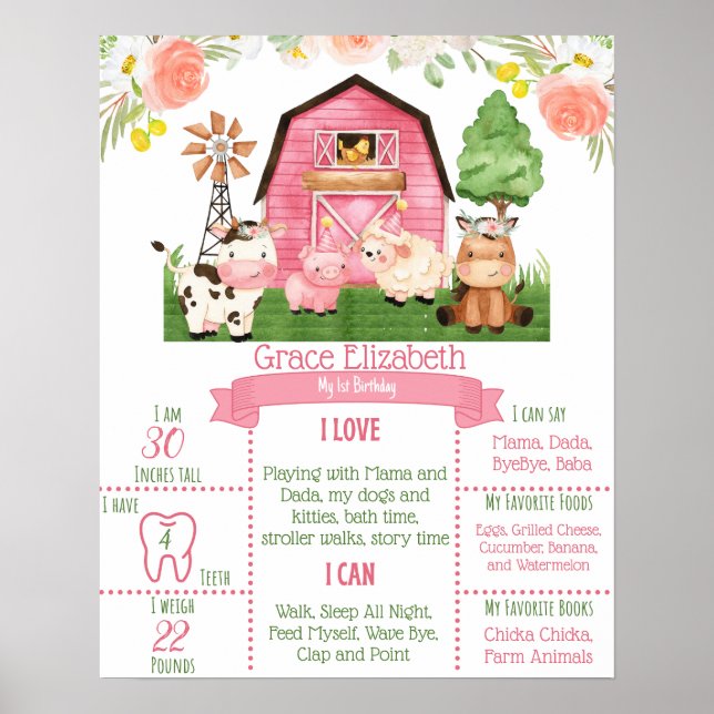Póster Pink Floral Farm 1st Birthday Milestone Poster (Frente)