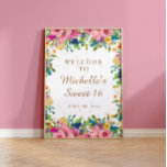 Póster Pink Floral Gold Glitter Sweet 16 Welcome<br><div class="desc">Elegant and colorful pink,  blue,  and yellow watercolor floral with gold glitter on a white Sweet 16 birthday party "Welcome" poster.  Contact me for assistance with customization or to request matching or coordinating products.</div>