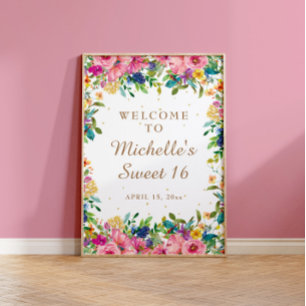 Póster Pink Floral Gold Glitter Sweet 16 Welcome 