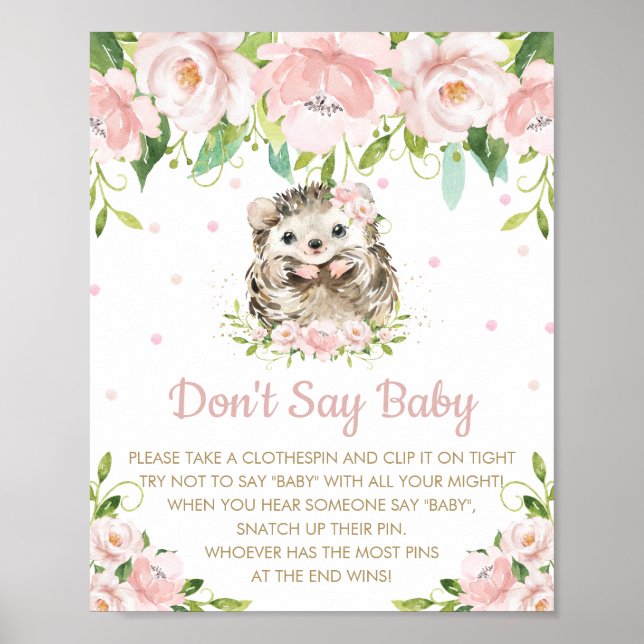 Póster Pink Floral Hedgehog no dice juego de Baby Shower (Frente)