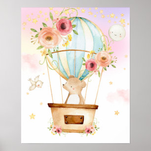Póster Pink Floral Hot Air Balloon Cute Bear Adventure