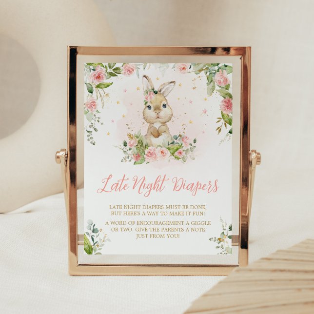 Póster Pink Floral Little Bungalow Late Night Diapers (Girl Peter Rabbit Baby Shower Late Night Diapers Sign)