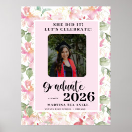 Póster Pink Floral Photo Graduation Party Welcome 