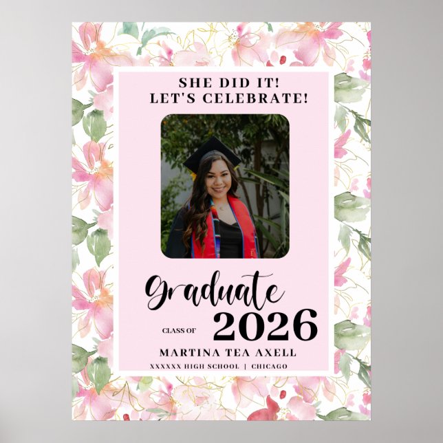 Póster Pink Floral Photo Graduation Party Welcome  (Frente)