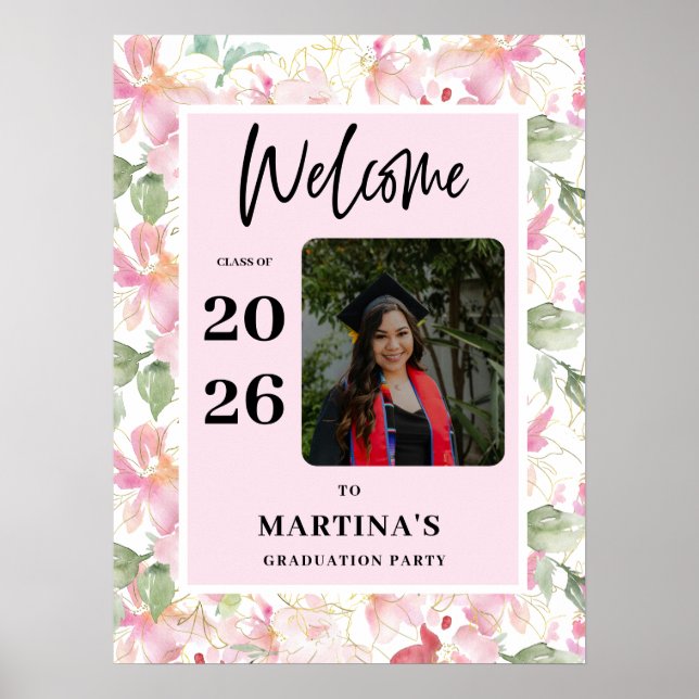 Póster Pink Floral Photo Graduation Party Welcome Sign (Frente)