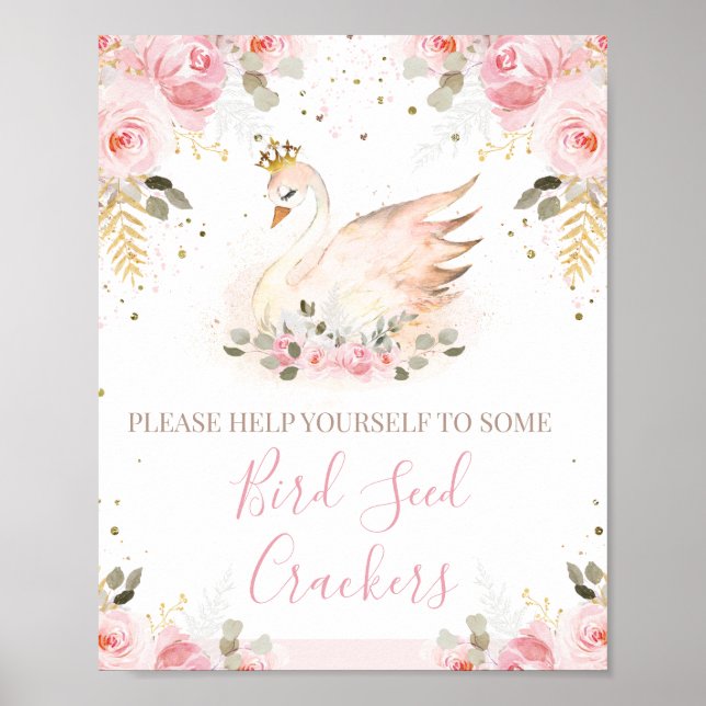 Póster Pink Floral Princess Swan Birthday Party Sign (Frente)