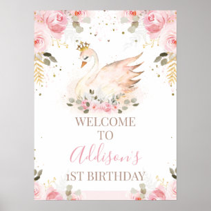 Póster Pink Floral Princess Swan Birthday Welcome Sign