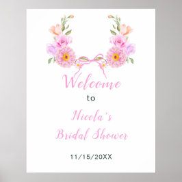 Póster Pink Floral Ribbon Bridal Shower Welcome