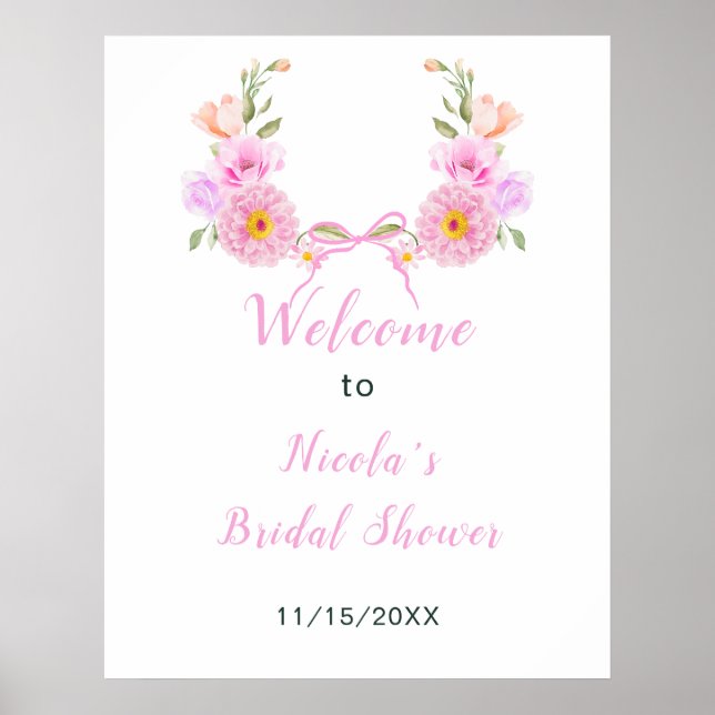Póster Pink Floral Ribbon Bridal Shower Welcome (Frente)