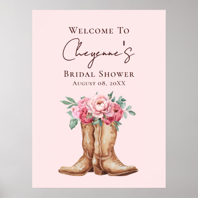 Póster Pink Floral Rustic Cowgirl Bridal Shower Welcome (Frente)